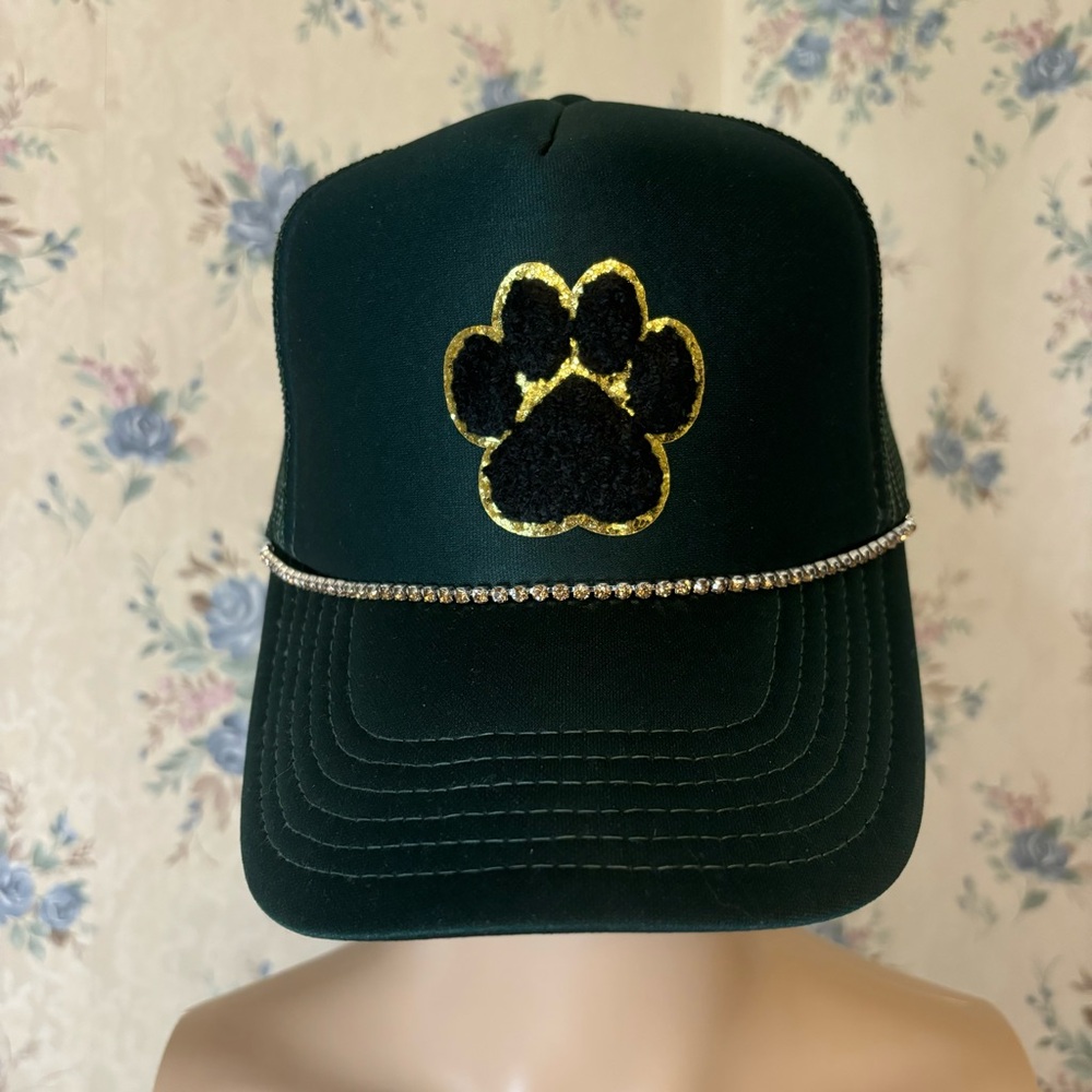 Otto Green Paw Print World Famous Foam Front Trucker Hat w/ Rhinestone Band, NWT